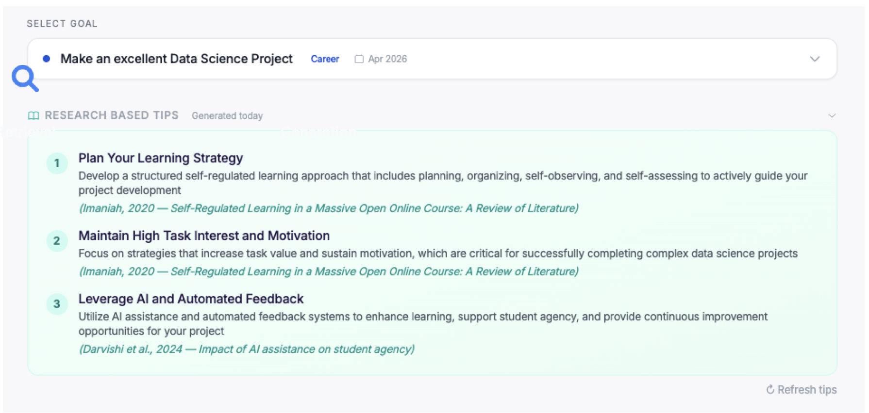 Research-Driven Interventions: PubMed/ArXiv corpus powering goal tips